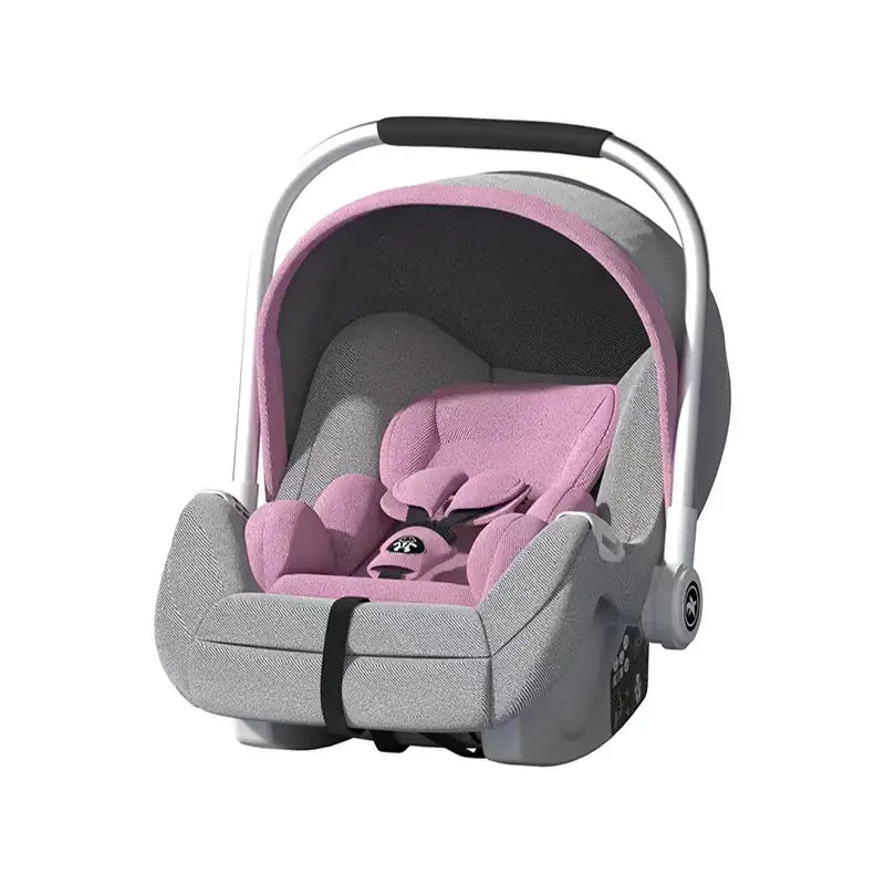 Pink and gray baby car seat with a soft fabric interior, silver metal frame, and black handle.