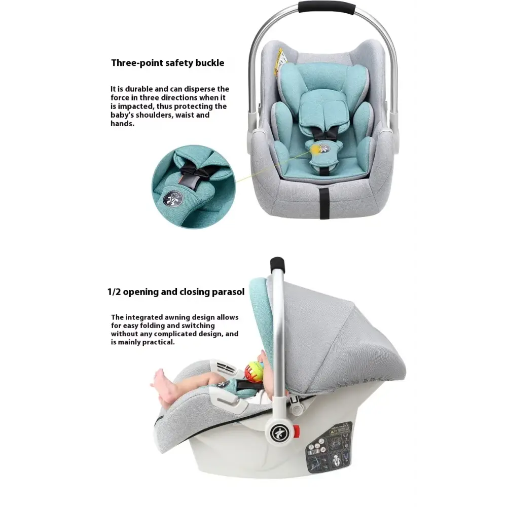 Light blue and gray fabric baby car seat with a silver metal frame.
