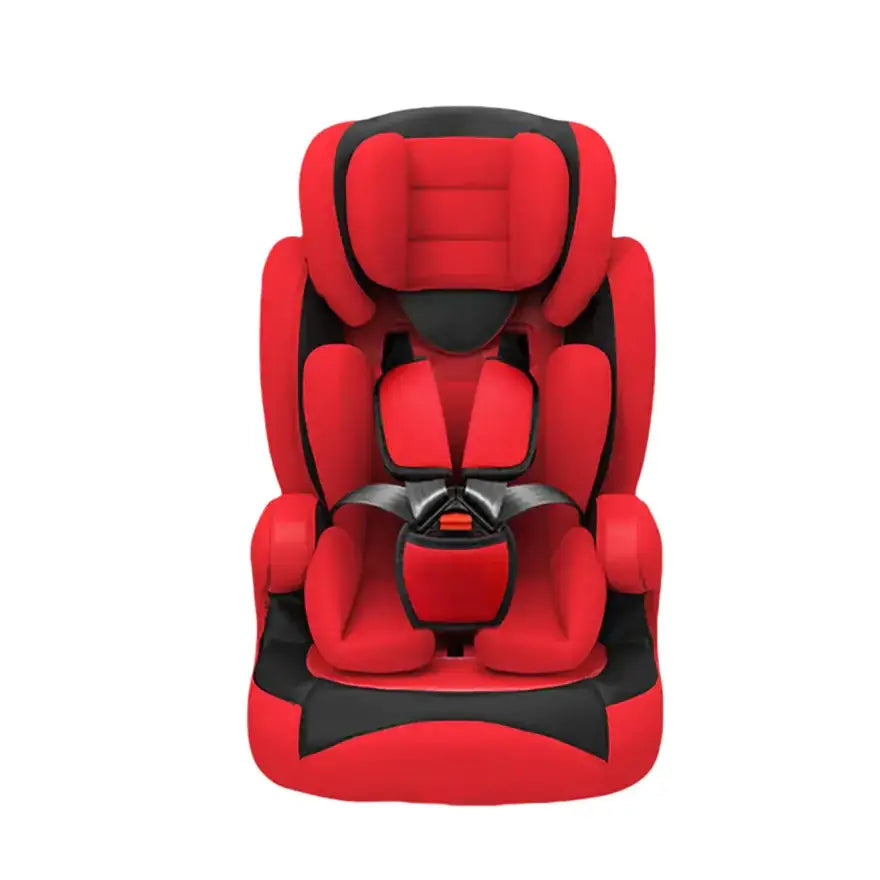 Red and black child safety car seat with padded fabric upholstery.