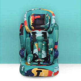 A vibrant, teal-colored children’s car seat with a playful abstract pattern in reds, yellows, and blues.