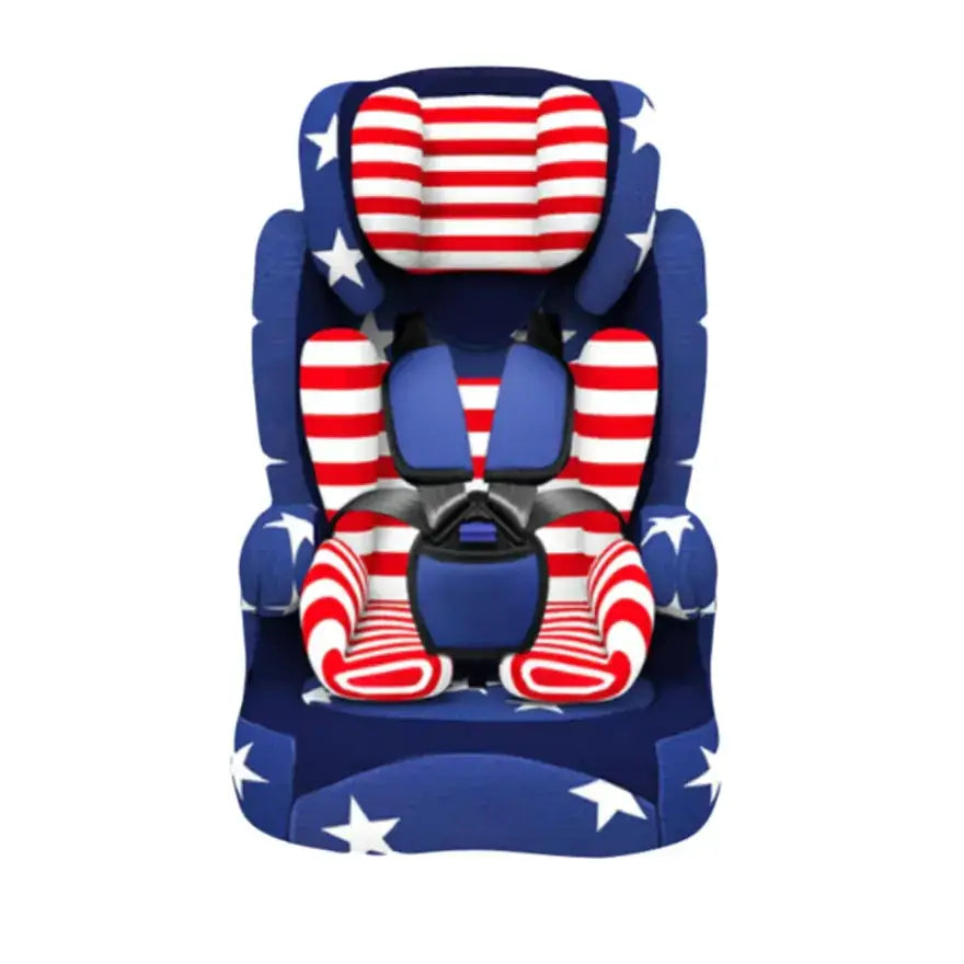 Blue and red striped child car seat with white stars.