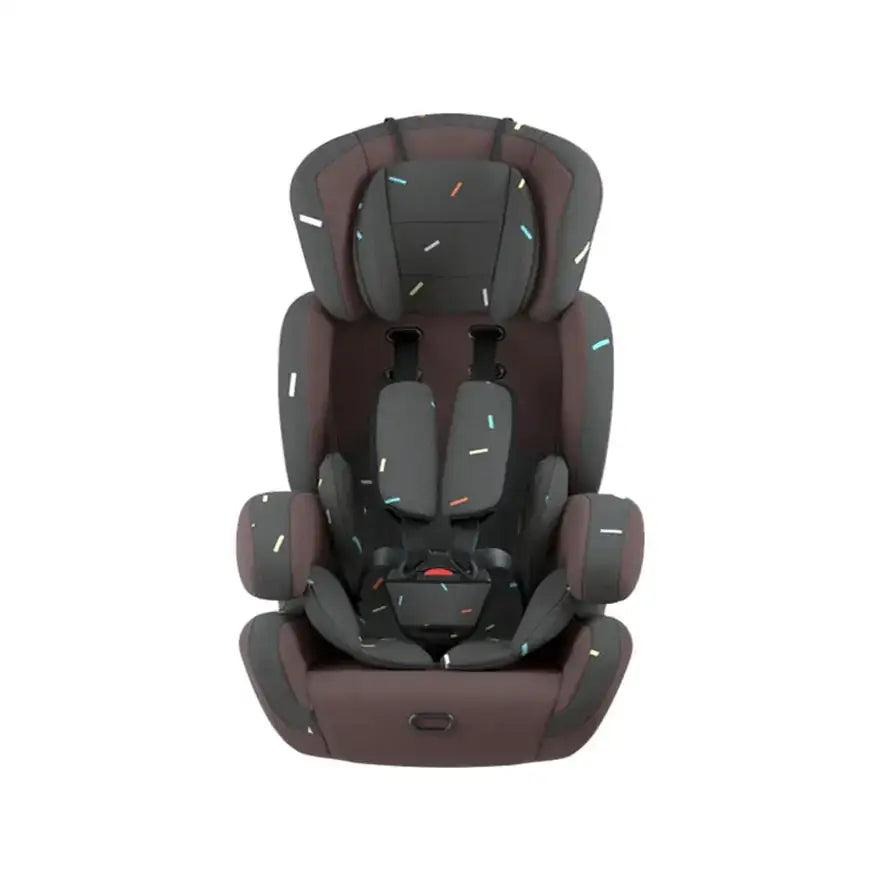 Dark gray and brown convertible car seat with subtle multicolored confetti-like stitching details.