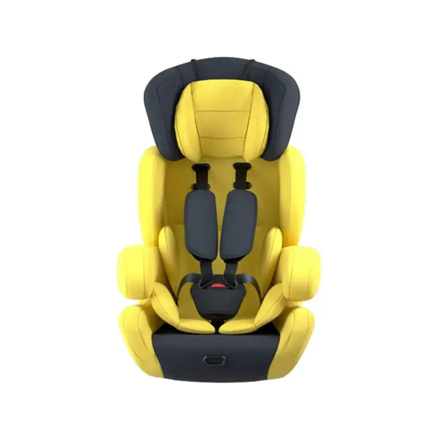 Bright yellow and navy blue convertible car seat with padded, contoured design.
