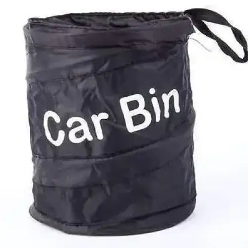 Black collapsible car bin with white ’car bin’ text and a black handle.