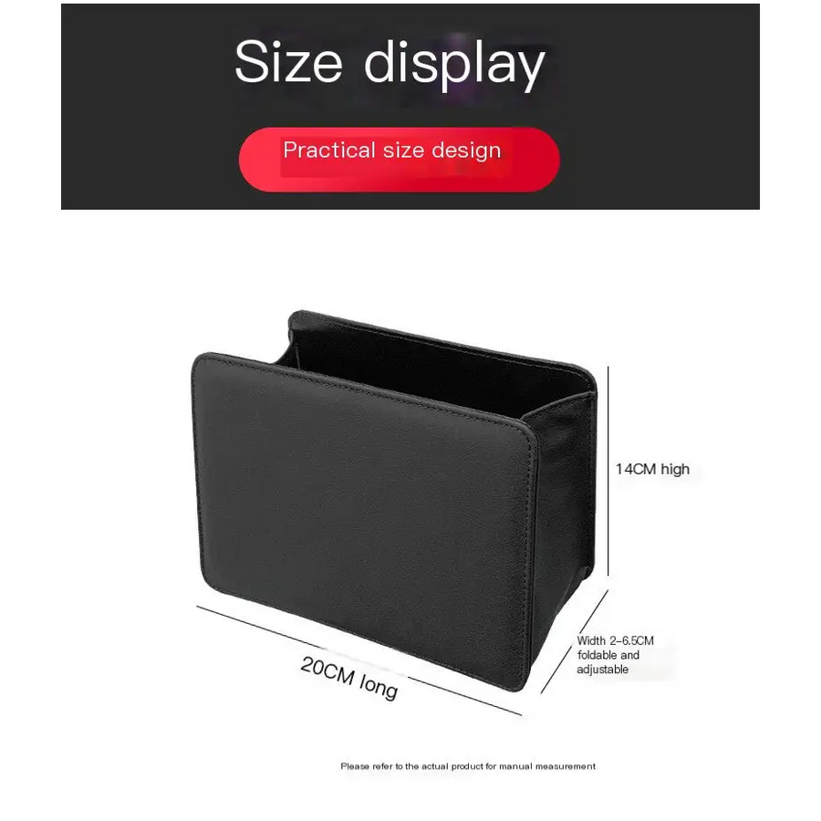 Black, foldable and adjustable car organizer with a practical size design.