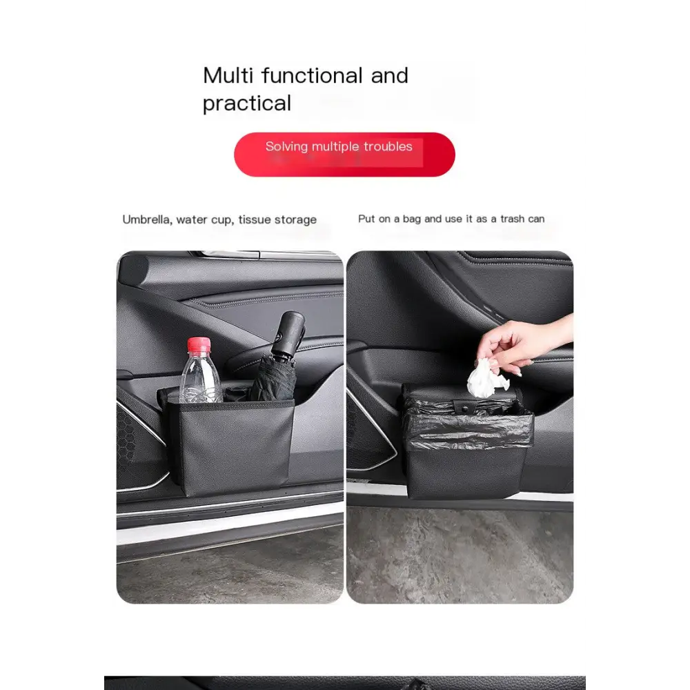 Black fabric car organizer with multiple compartments for umbrella, water cup, and tissue storage.