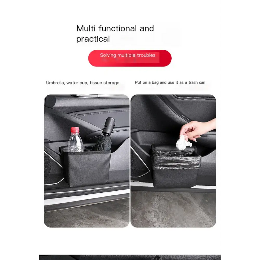 Black fabric car organizer with multiple compartments for umbrella, water cup, and tissue storage.