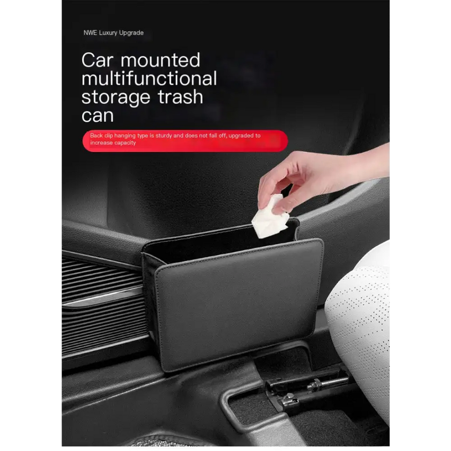 Black leather car-mounted multifunctional storage trash can with a sturdy back clip design.