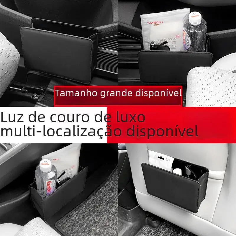 Black leather car organizer with multiple compartments and a sleek, minimalist design.
