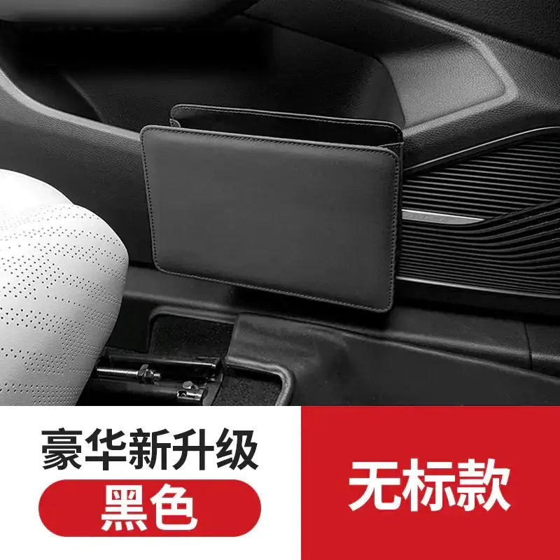 Black leather car center console organizer with a sleek, minimalist design.