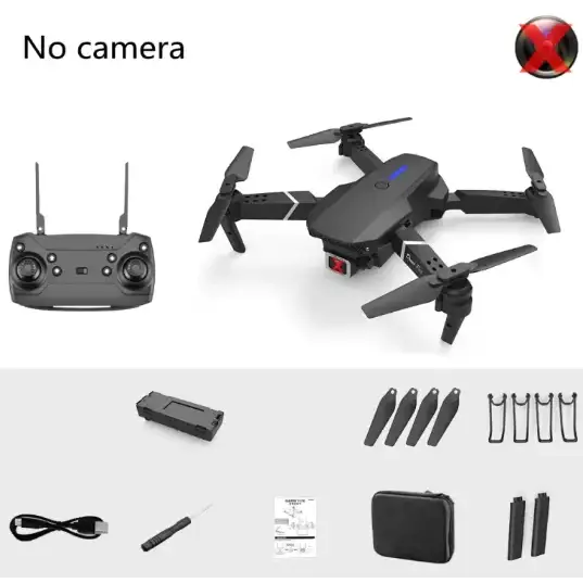 Black foldable drone with blue led accents and a red camera lens, accompanied by its remote control and accessories.