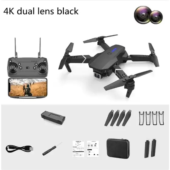 Black 4k dual lens drone with sleek matte finish and blue accent lighting on the body.