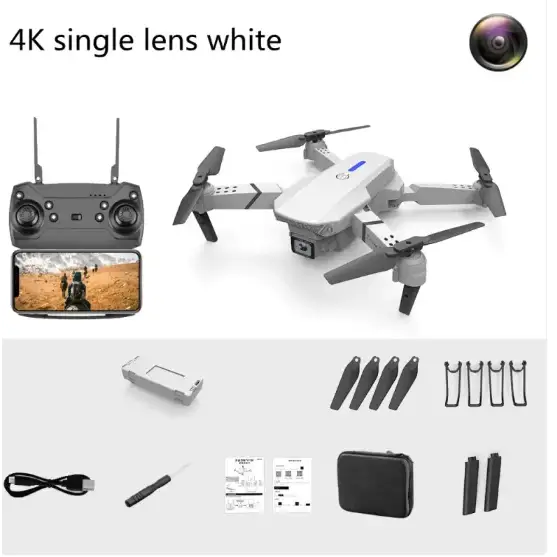 White 4k single-lens drone with gray propellers and a blue accent on the body.