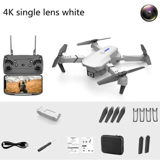 White 4k single-lens drone with gray propellers and a sleek, compact design.