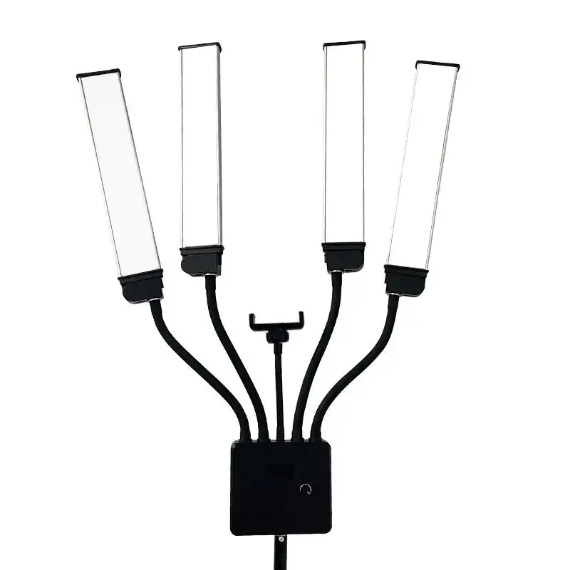 Black flexible arm led light with four adjustable rectangular panels and a central phone mount.