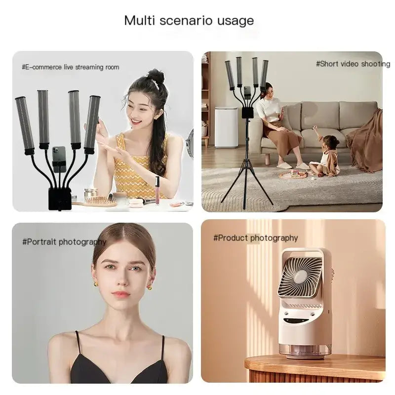 The image displays a multi-armed led light stand with four adjustable arms, each holding a cylindrical lamp head.