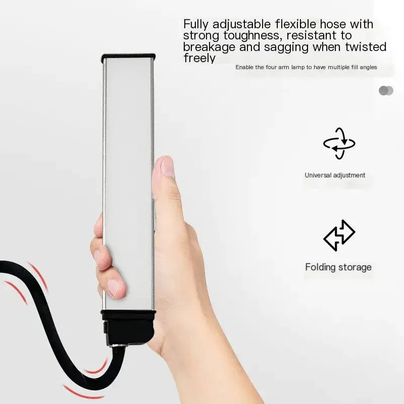 Silver rectangular led lamp with black base and flexible hose.