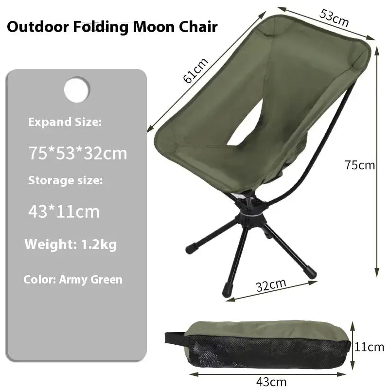 Army green outdoor folding moon chair with a lightweight, compact design and black metal frame.