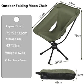 Army green outdoor folding moon chair with a lightweight, compact design and black metal frame.