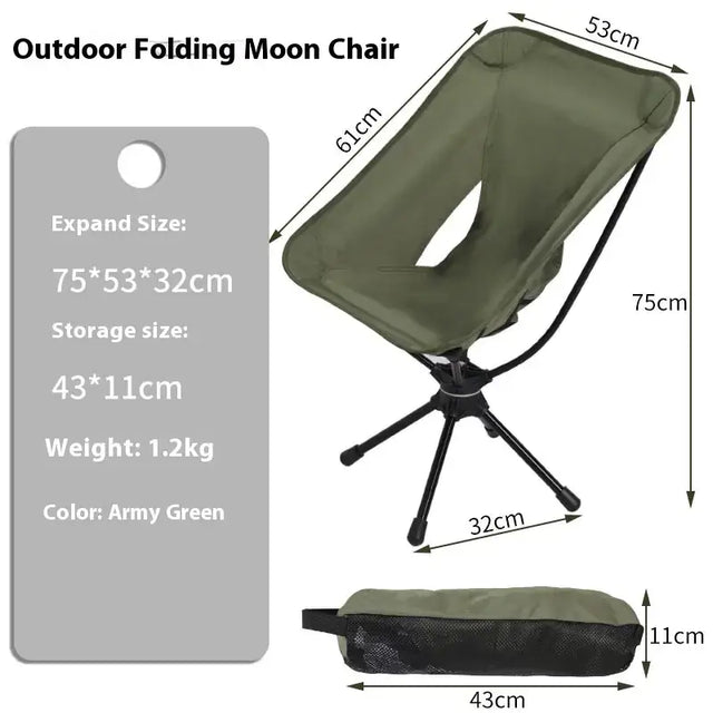 Army green outdoor folding moon chair with a lightweight, compact design and black metal frame.