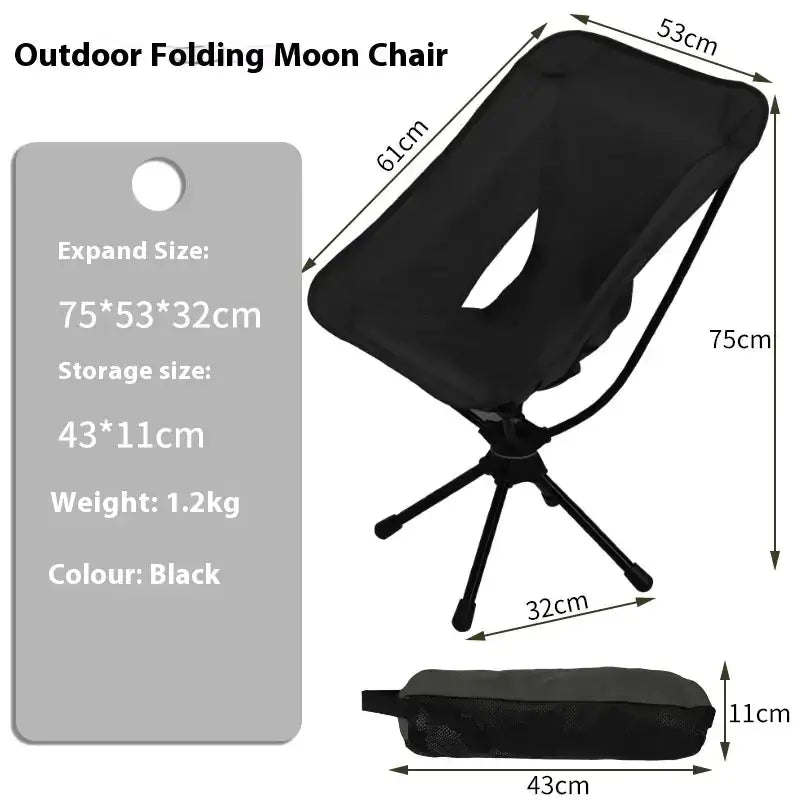 Black outdoor folding moon chair with a sleek, minimalist design and lightweight frame.