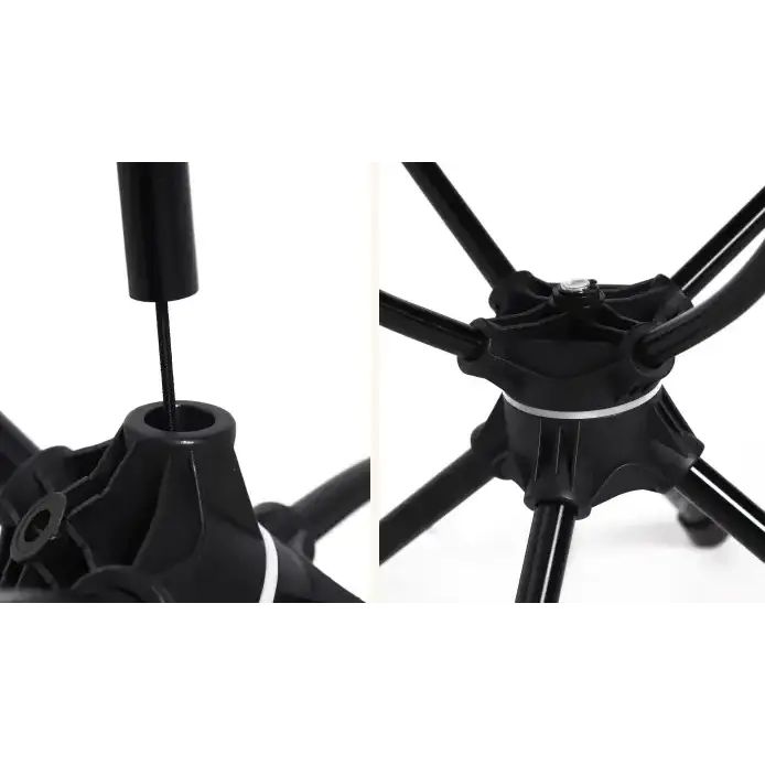 Black plastic tripod stand with a central column and four extended legs