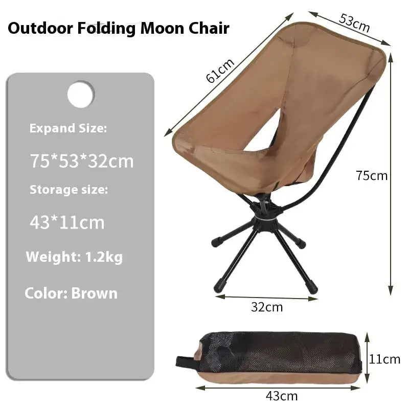 Brown outdoor folding moon chair with a lightweight, compact design and black metal frame.