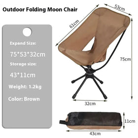 Brown outdoor folding moon chair with a lightweight, compact design and black metal frame.
