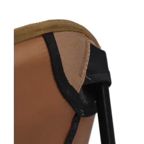 Tan mesh fabric with black reinforced stitching and a black strap detail.