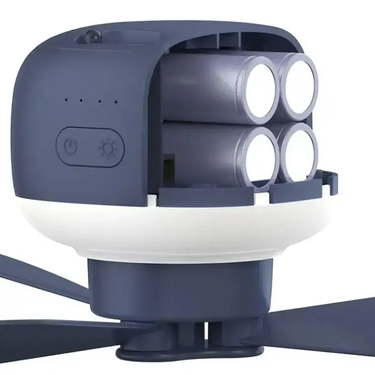 Blue and white ceiling fan with four integrated led light bulbs.