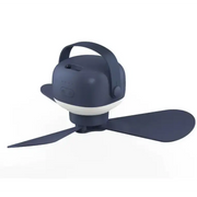 Dark blue portable ceiling fan with a white base and handle, featuring three blades.