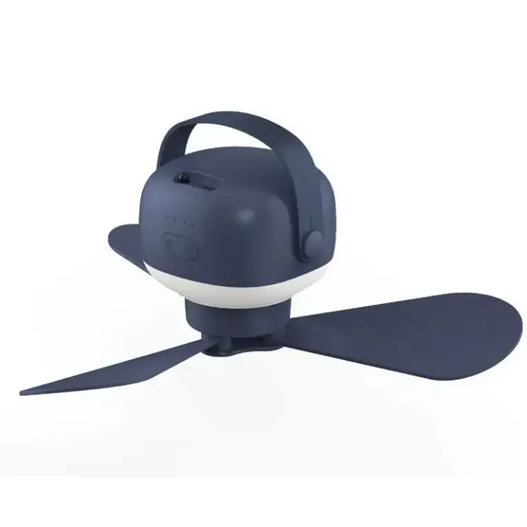 Dark blue portable ceiling fan with a white base and handle, featuring three blades.