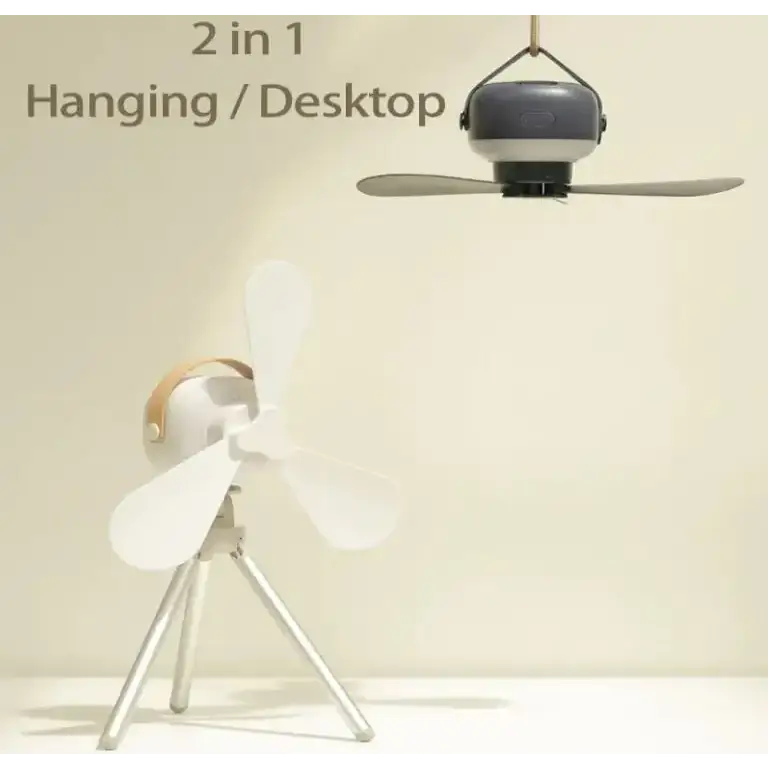 Minimalist white desk fan with tripod stand and wooden handle, paired with a gray hanging ceiling fan for versatile 2-in-1 use.