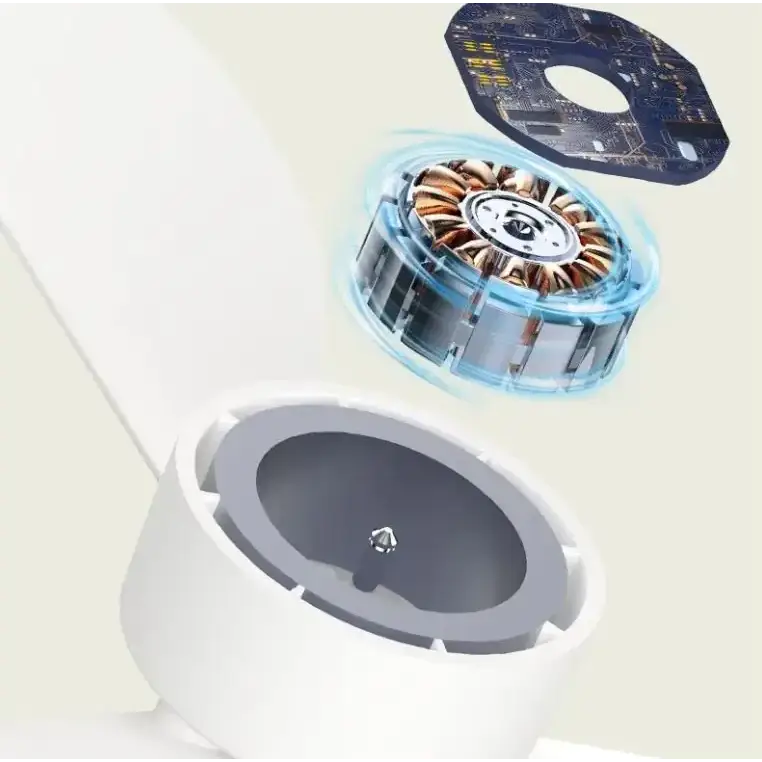 White cylindrical motor housing with exposed internal components including a copper-coiled rotor and blue circuit board.
