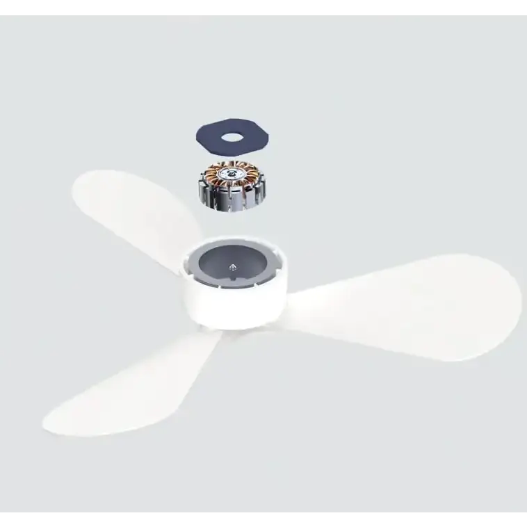 White three-blade ceiling fan with exposed motor components above the central hub