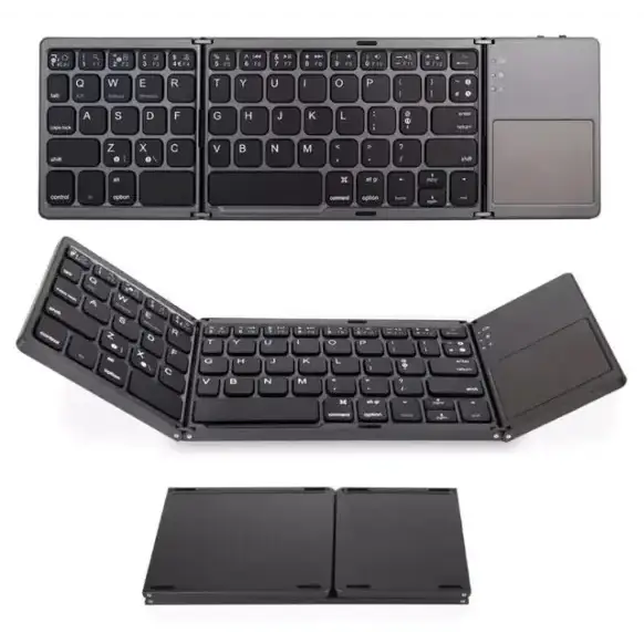 Black foldable wireless keyboard with integrated touchpad