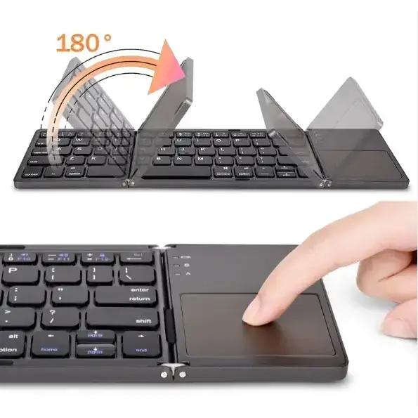Black foldable wireless keyboard with integrated touchpad and 180-degree hinge design.