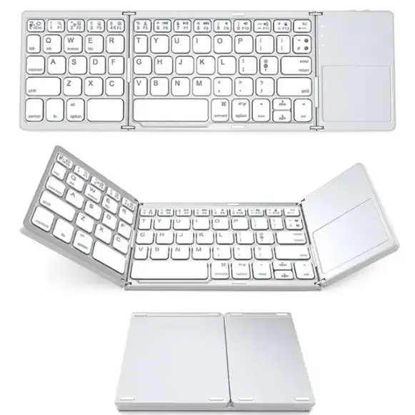 Silver foldable wireless keyboard with integrated touchpad, featuring a sleek metallic finish and minimalist design.