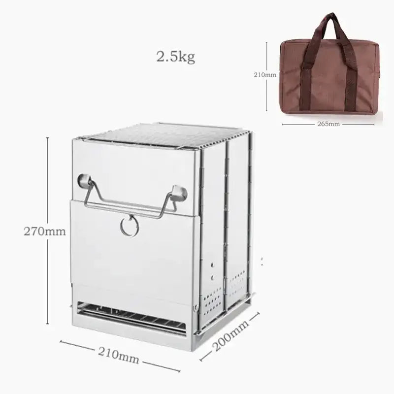 Stainless steel foldable camping grill with a sleek, rectangular design and integrated handle.