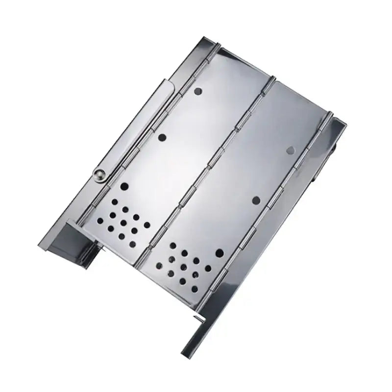 Stainless steel folding grill with perforated sections and hinge design.
