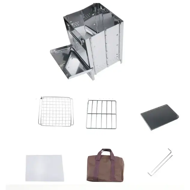 Silver stainless steel foldable camping grill with perforated sides and a detachable tray.
