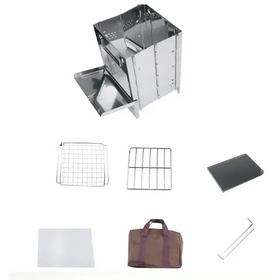 Silver stainless steel foldable camping grill with perforated sides and a detachable tray.