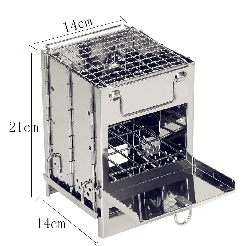 Compact stainless steel folding camp grill with a mesh cooking grate and storage drawer.