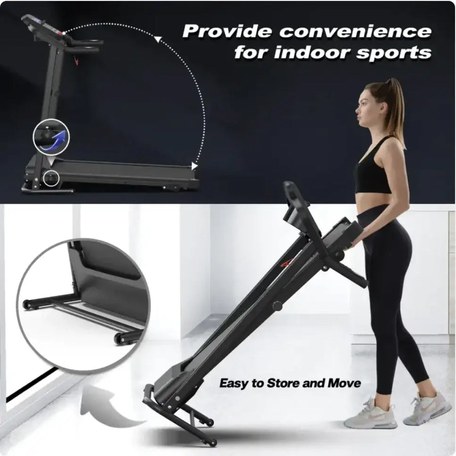 Black foldable treadmill with a compact, portable design for indoor use.