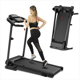 Black foldable treadmill with digital display and red accent details