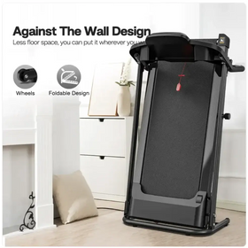 Black foldable treadmill with wheels and a digital display