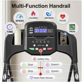 Black multi-function handrail with digital display showing speed, distance, calories, and pulse metrics.