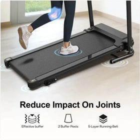 Black treadmill with a textured running belt and sturdy frame.