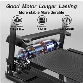 Black treadmill with a visible motor and belt, featuring 2.5 hp max power and p1-p12 program options.