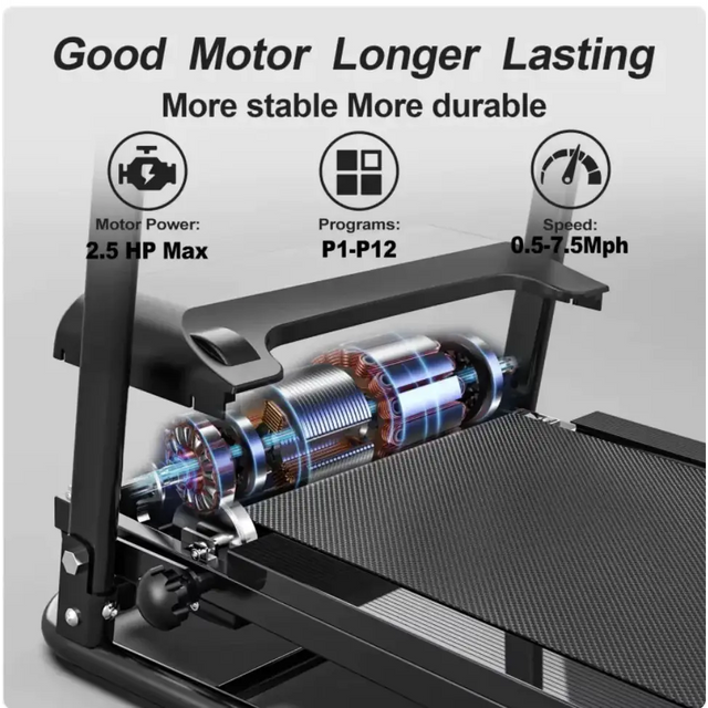 Black treadmill with a visible motor and belt, featuring 2.5 hp max power and p1-p12 program options.